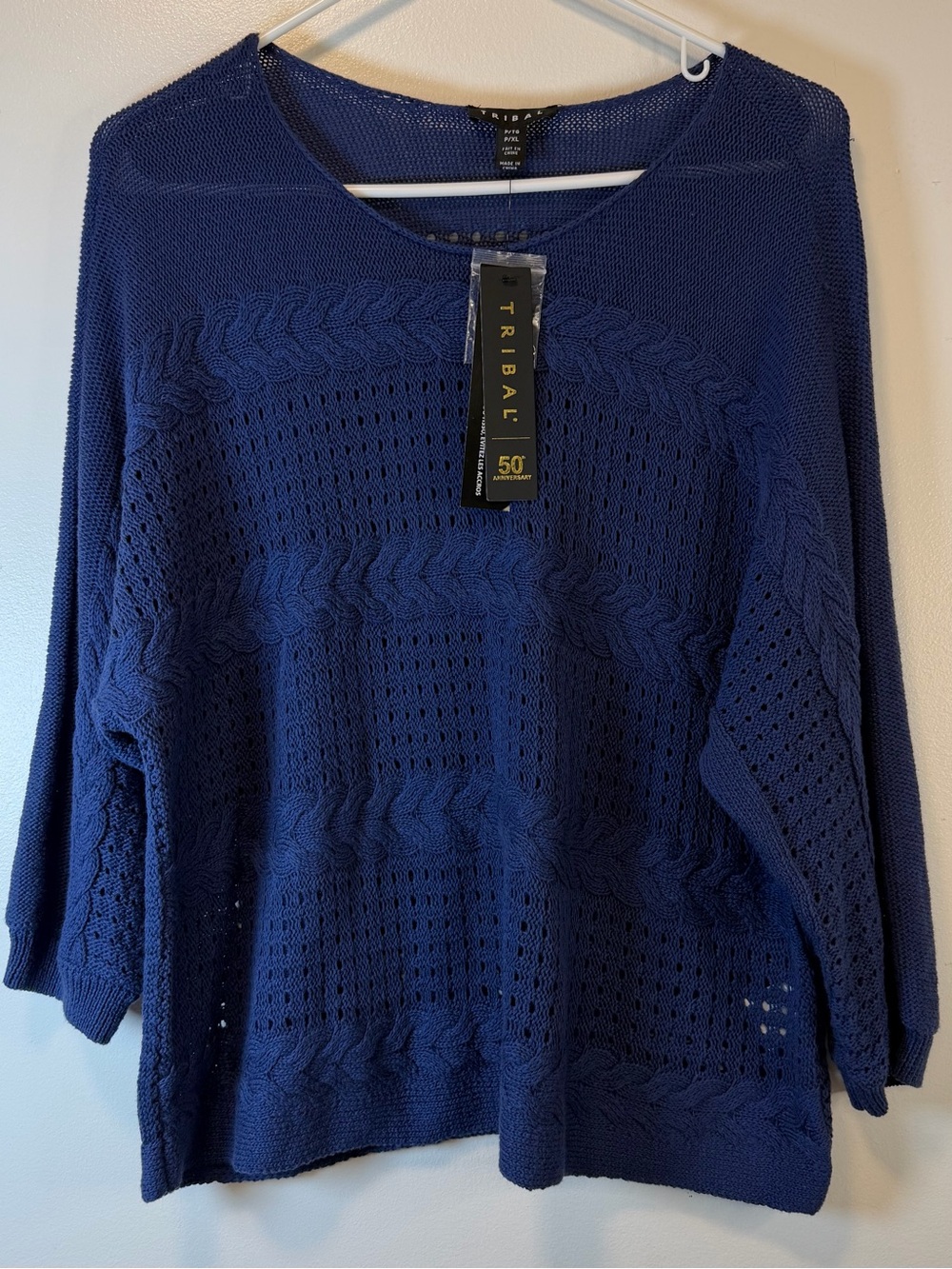 Tribal Open-Knit Navy Cable Sweater Chevron Design 3/4 Sleeves Women’s XL Petite - Picture 2 of 7
